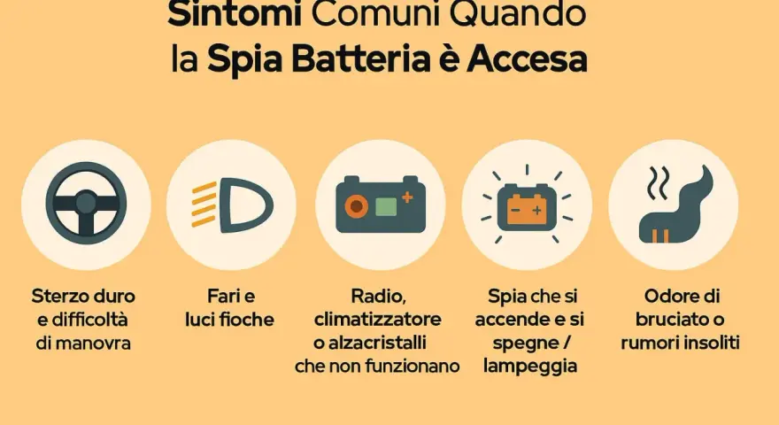 Sintomi comuni con spia batteria accesa: sterzo duro, luci fioche, radio/clima non funzionanti, spia che lampeggia, odore di bruciato.