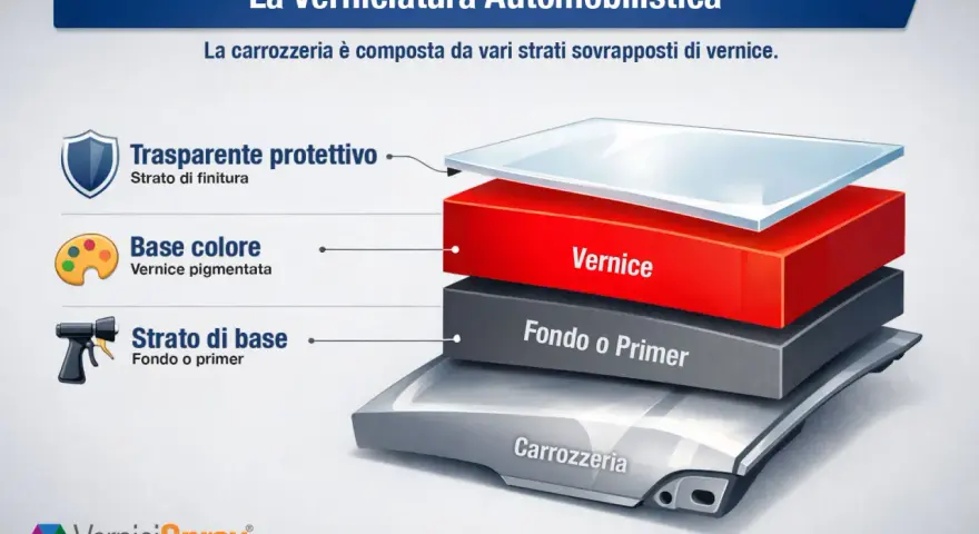 Strati di verniciatura auto: primer, colore e trasparente protettivo. La domanda "dopo quanto tempo si applica il trasparente sulla vernice" è centrale per una finitura perfetta.