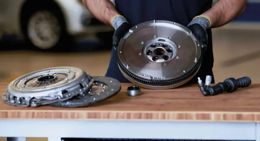 Meccanico mostra un volano auto nuovo, pronto per essere installato. Accanto, un kit frizione e un attrezzo.