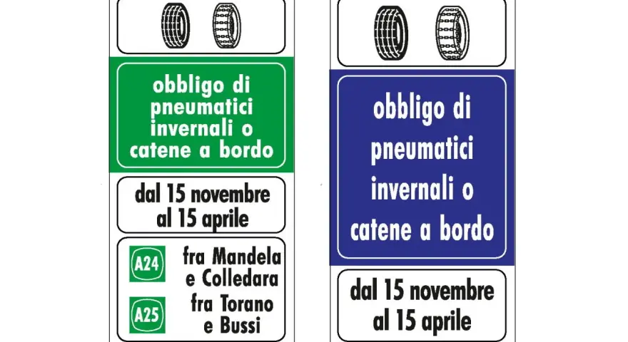 Segnali stradali: obbligo pneumatici invernali o catene a bordo dal 15/11 al 15/04. Utile per capire l'etichetta pneumatici come leggerla.