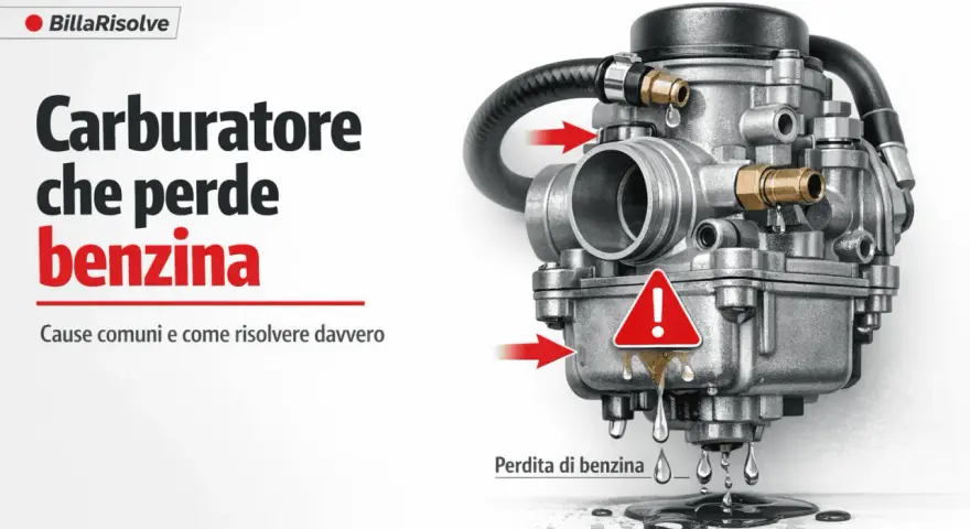 Carburatore che perde benzina, un problema comune che incide su quanto costa rifare un motore benzina. Le frecce indicano le perdite.