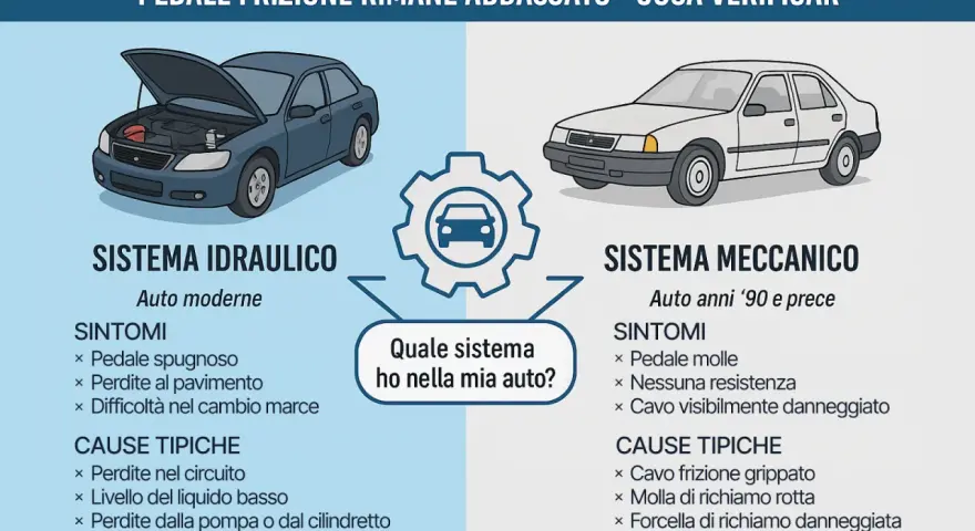 Illustrazione che confronta sistemi frizione idraulici e meccanici, con un pedale frizione abbassato come sintomo.