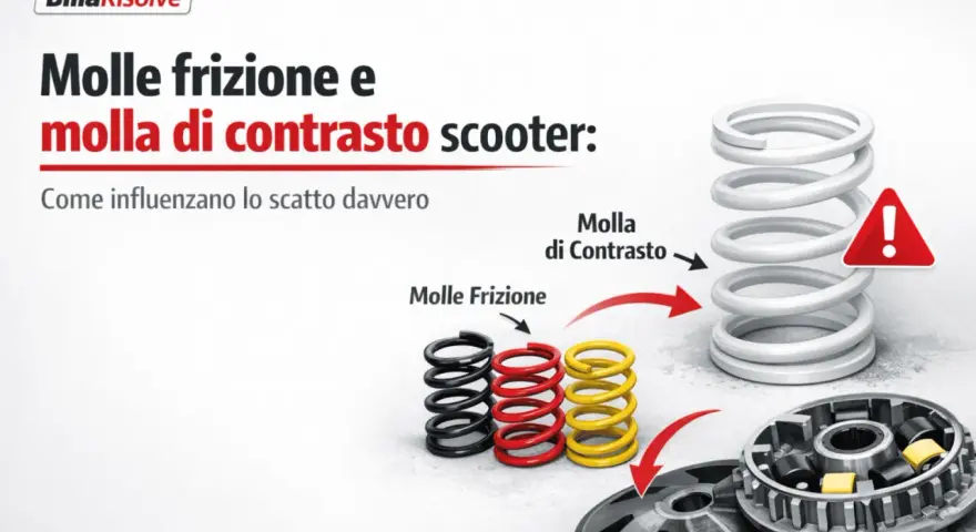 Molle frizione e molla di contrasto scooter: come influenzano lo scatto. La molla di contrasto, più grande, è cruciale per il rapporto più basso del cambio di velocità.