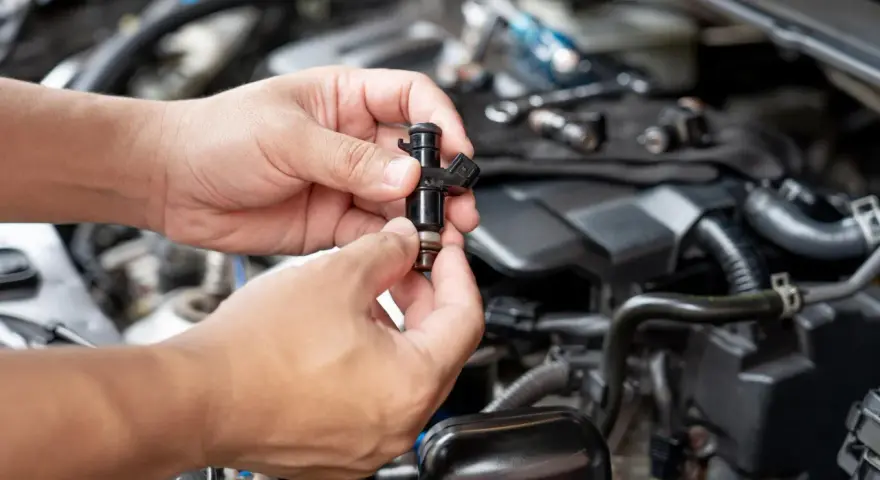 Mani che tengono un iniettore auto, componente essenziale per il funzionamento del motore.
