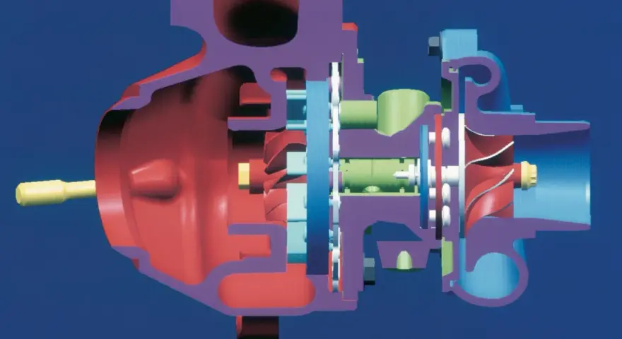Sezione di un motore turbo, con turbina e compressore colorati in modo vivace.