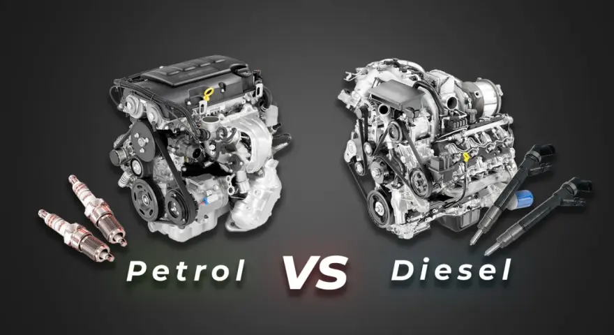 Motori a benzina e diesel a confronto. Il motore a destra, con gli iniettori, rappresenta un moderno diesel aspirato.