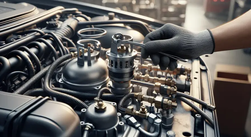 Meccanico che lavora sul motore GPL. La manutenzione regolare è fondamentale per capire quanto dura un motore GPL e garantirne l'efficienza nel tempo.