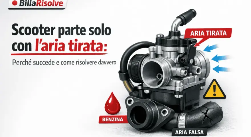 Carburatore di un motore termico benzina, con indicazioni su aria tirata, benzina e aria falsa.