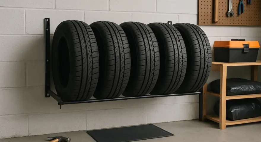 Cinque gomme per auto su un supporto a muro, un modo pratico per sapere come tenere le gomme in garage.