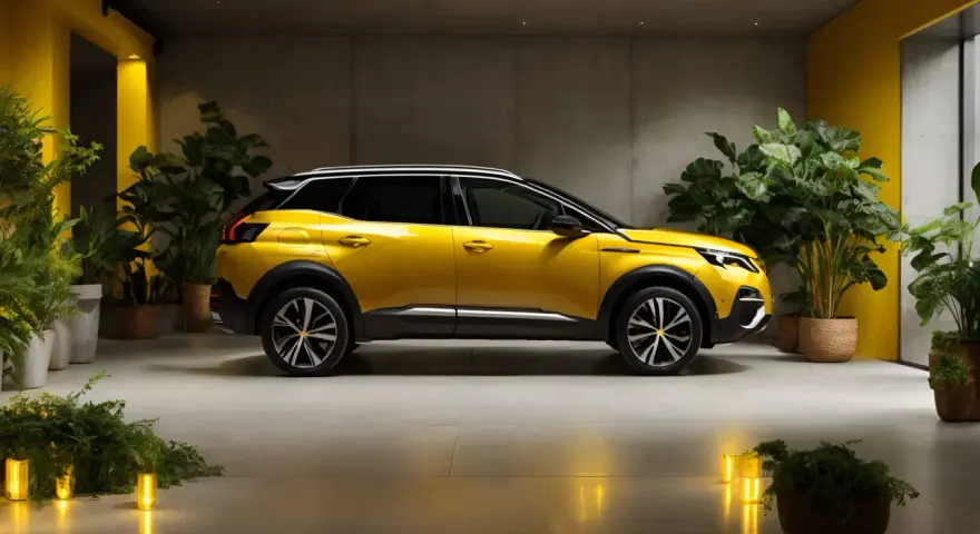 Peugeot 3008 giallo brillante, un'auto che cattura l'attenzione. Il suo codice colore evoca energia e stile, circondata da piante verdi in un ambiente moderno.