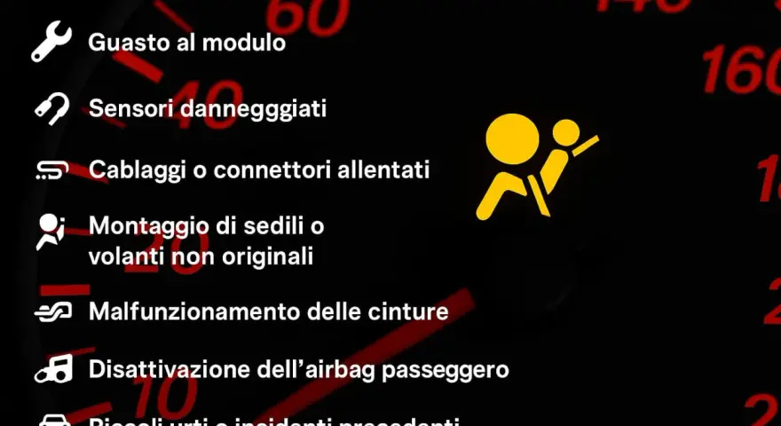 Spia airbag accesa: possibili cause come guasti, sensori o cablaggi danneggiati, o disattivazione airbag passeggero.