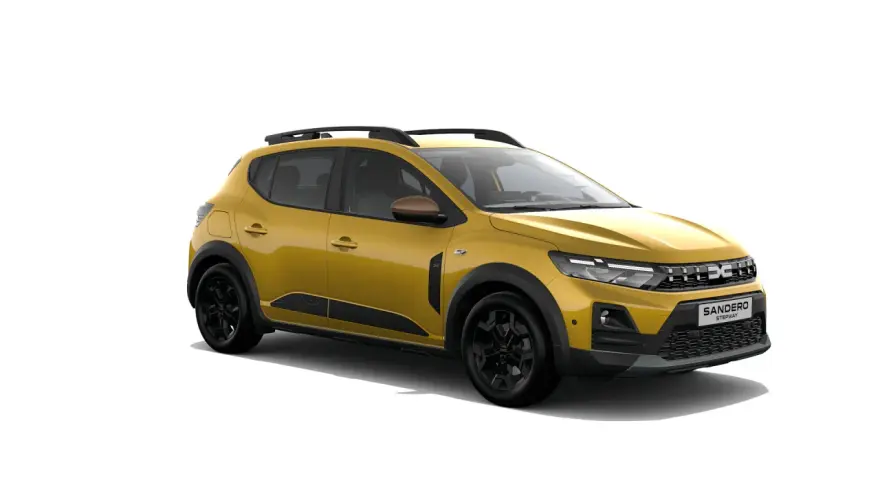 Dacia Sandero Stepway gialla, con barre sul tetto e cerchi neri. Ideale per chi cerca il giusto valore per la pressione gomme Dacia Sandero Stepway.