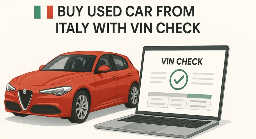 Auto rossa italiana accanto a un laptop che mostra un controllo VIN positivo.