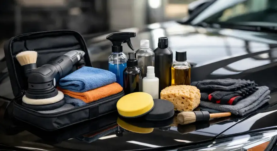 Kit per la carteggiatura auto: lucidatrice, tamponi, spazzole, panni in microfibra e flaconi di prodotti per la cura dell'auto.