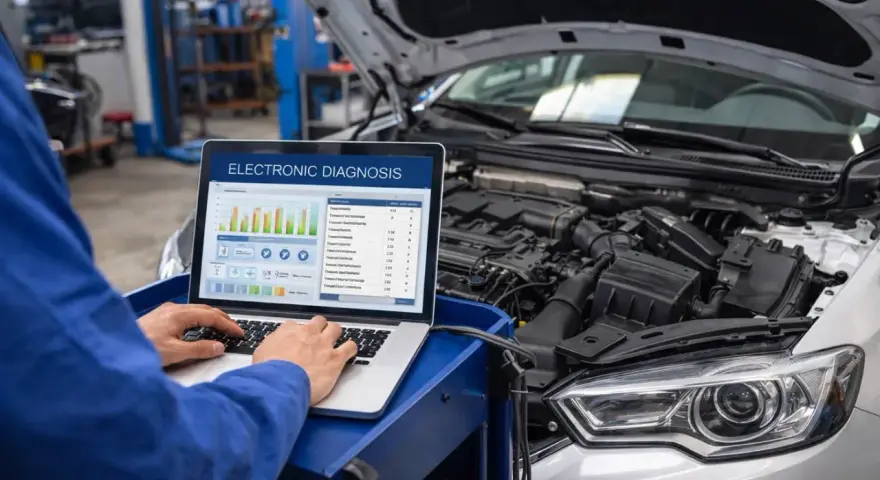 Meccanico esegue diagnosi centralina auto con laptop. Il computer mostra grafici e dati tecnici.