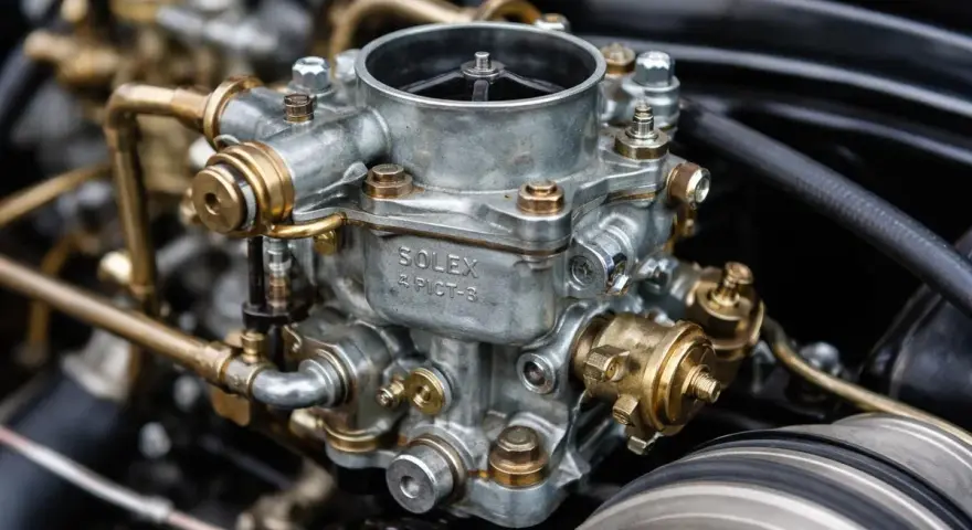 Dettaglio di un carburatore Solex per auto d'epoca, con tubi in ottone e finiture metalliche lucide.