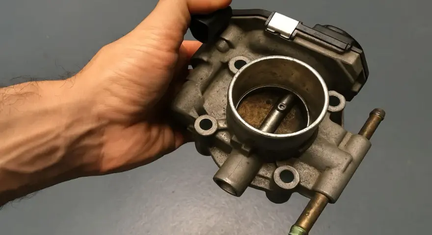 Mano che tiene una valvola a farfalla motore benzina, componente essenziale per il controllo del flusso d'aria.