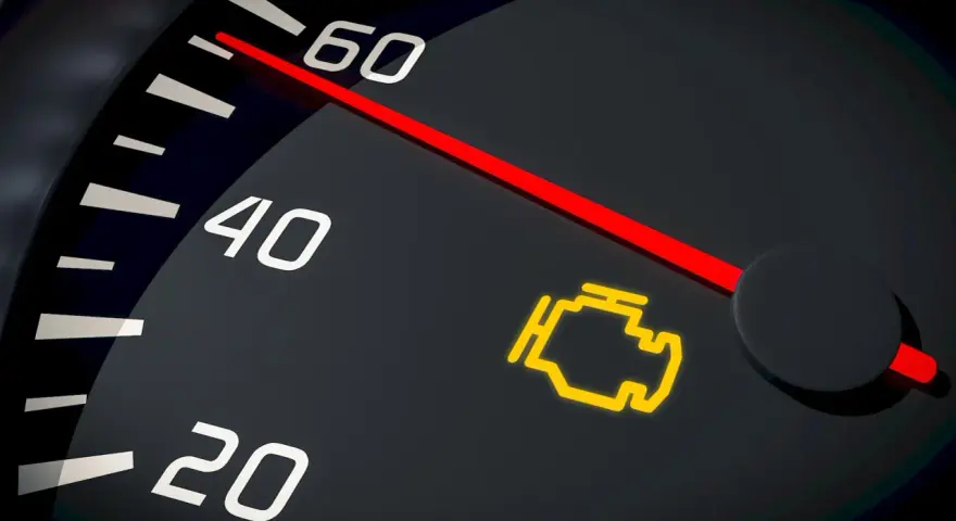 Cruscotto auto con spia motore accesa, indicatore rosso su tachimetro.