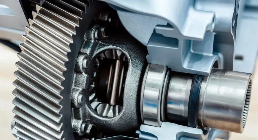 Sezione di un differenziale con ingranaggi metallici e cuscinetti.