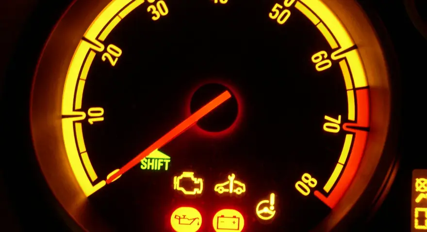 Cruscotto Opel Corsa con spie accese: olio, batteria, motore e sterzo. L'ago del contagiri è fermo.