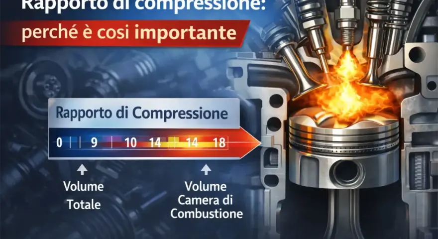 Il rapporto di compressione motore diesel è fondamentale. L'immagine mostra un pistone in fase di combustione, con fiamme vive, e un grafico che illustra i volumi e i rapporti.