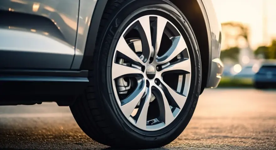 Ruota di un'auto con cerchio in lega sportivo. Il pneumatico, con il suo run flat significato, garantisce sicurezza anche in caso di foratura.