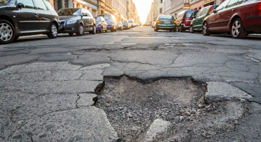 Un cratere nel marciapiede, con auto parcheggiate sullo sfondo. La gomma tagliata dal manto stradale crea un ostacolo pericoloso.