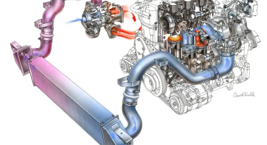 Schema di un motore con turbocompressore e intercooler. Il flusso d'aria, evidenziato da frecce, mostra il funzionamento dei **motori sovralimentati**.