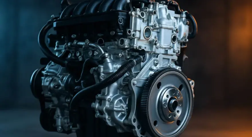 Motore termico moderno, simbolo di efficienza e potenza. Dettagli metallici lucidi e tubi neri si intrecciano in un'opera di ingegneria.