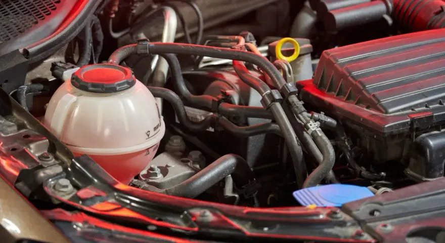 Serbatoio trasparente con liquido rosso, parte dell'impianto di raffreddamento del motore, circondato da tubi e componenti meccanici.
