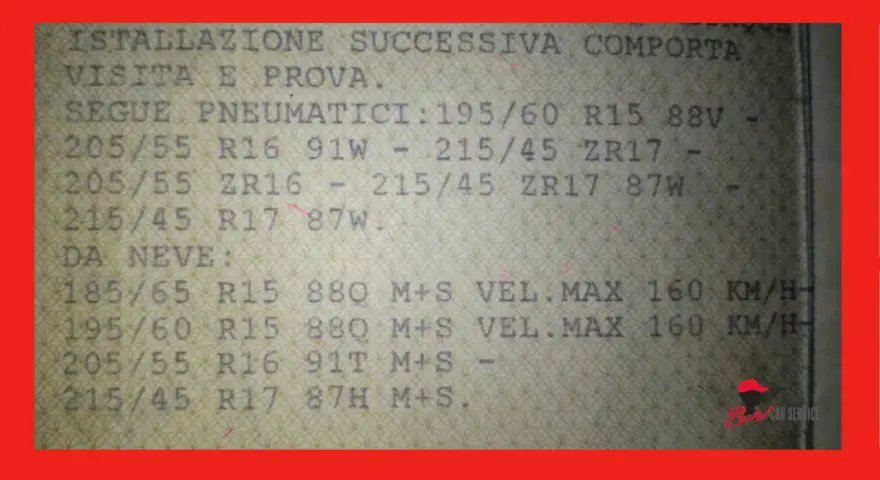 Documento con misure pneumatici estivi e invernali. L'obbligo gomme estive è rispettato con le misure indicate.