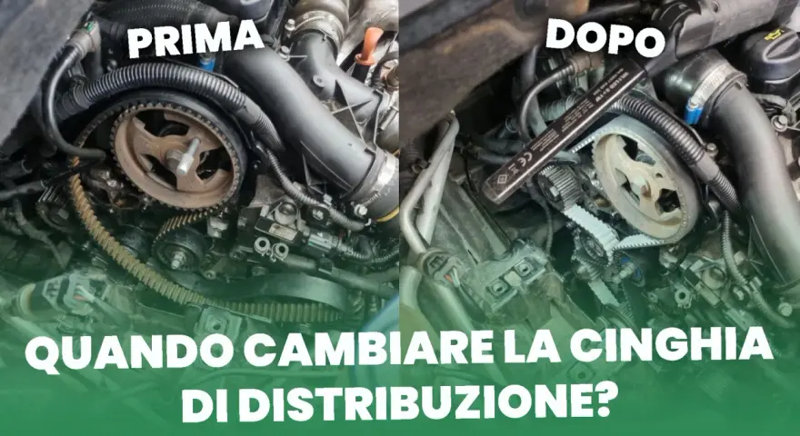 Motore auto con cinghia di distribuzione prima e dopo la sostituzione. La cinghia di distribuzione è fondamentale per il corretto funzionamento del motore.