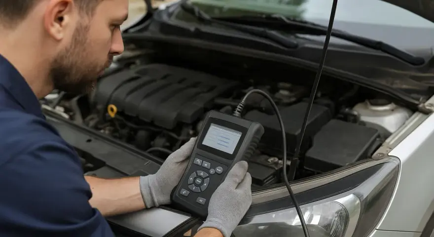 Meccanico con guanti grigi controlla con uno scanner diagnostico perché la centralina auto non parte.