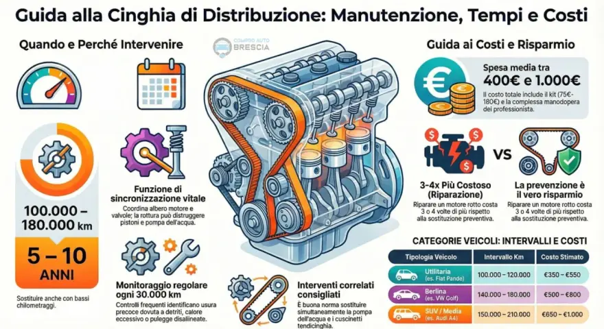 Guida alla cinghia distribuzione: costi e tempi. Spesa media tra 400€ e 1.000€ per la sostituzione. Prevenire è risparmiare.