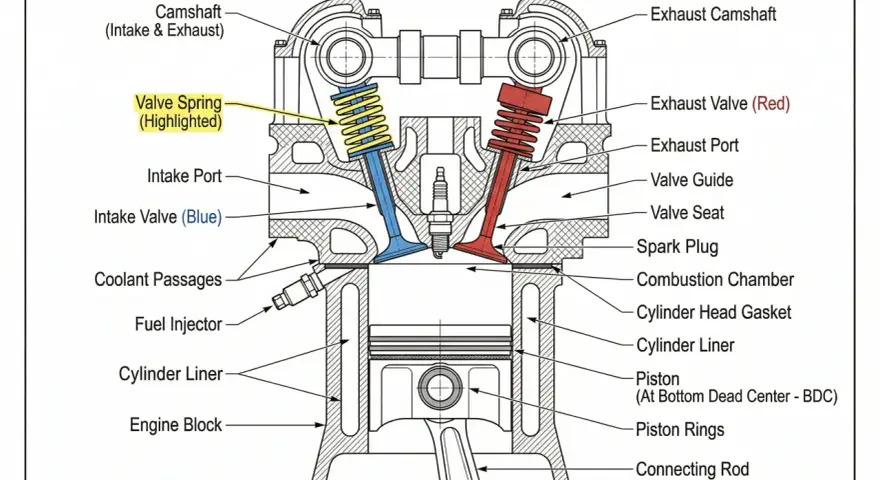 Sezione trasversale di un motore auto, che illustra i componenti chiave come pistone, valvole, candela e iniezione carburante.