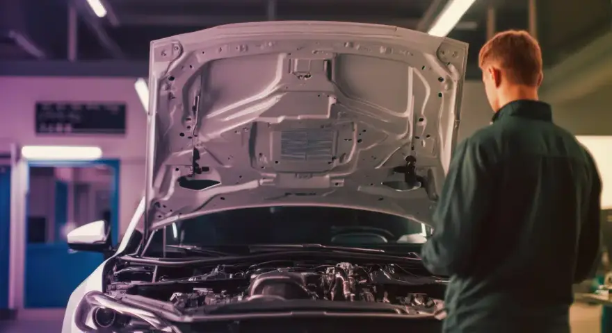 Meccanico esamina il motore turbo aspirato di un'auto con il cofano aperto in officina.