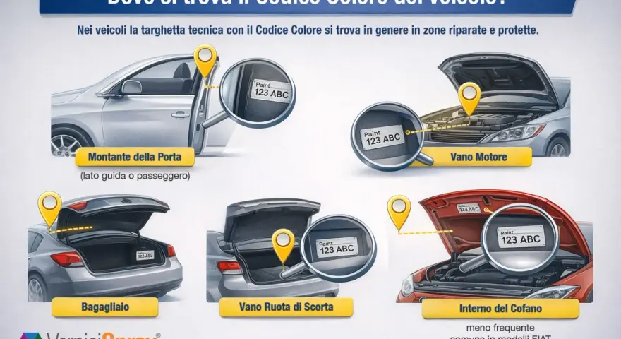 Trova il codice colore Toyota: montante porta, vano motore, bagagliaio, ruota di scorta o interno cofano.