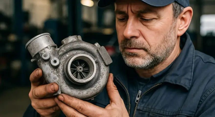 Meccanico esamina un turbo, pensando a come capire se il turbo non funziona.
