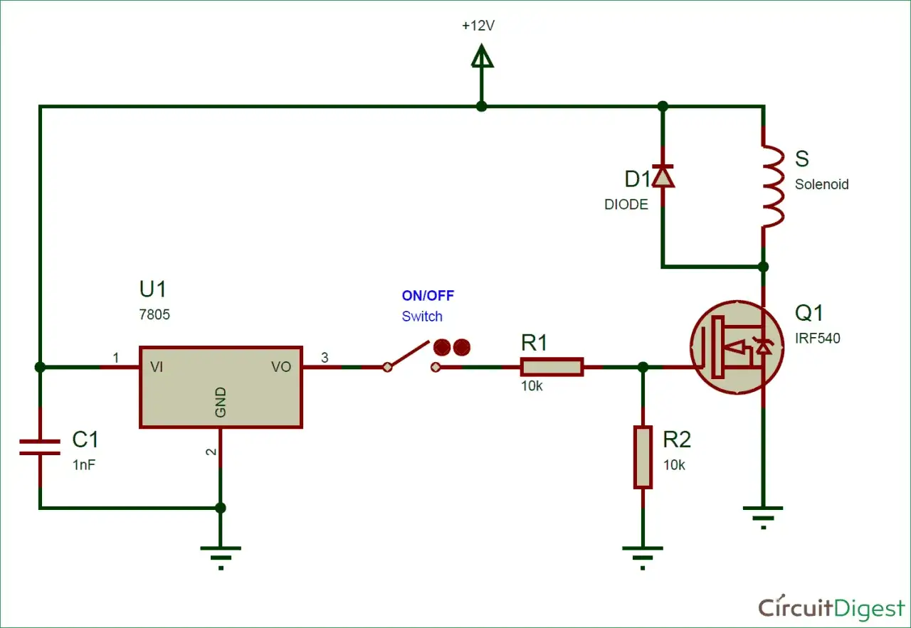 Schema elettrico che mostra cos'è un solenoide controllato da un transistor MOSFET, con un regolatore di tensione 7805 e un interruttore.