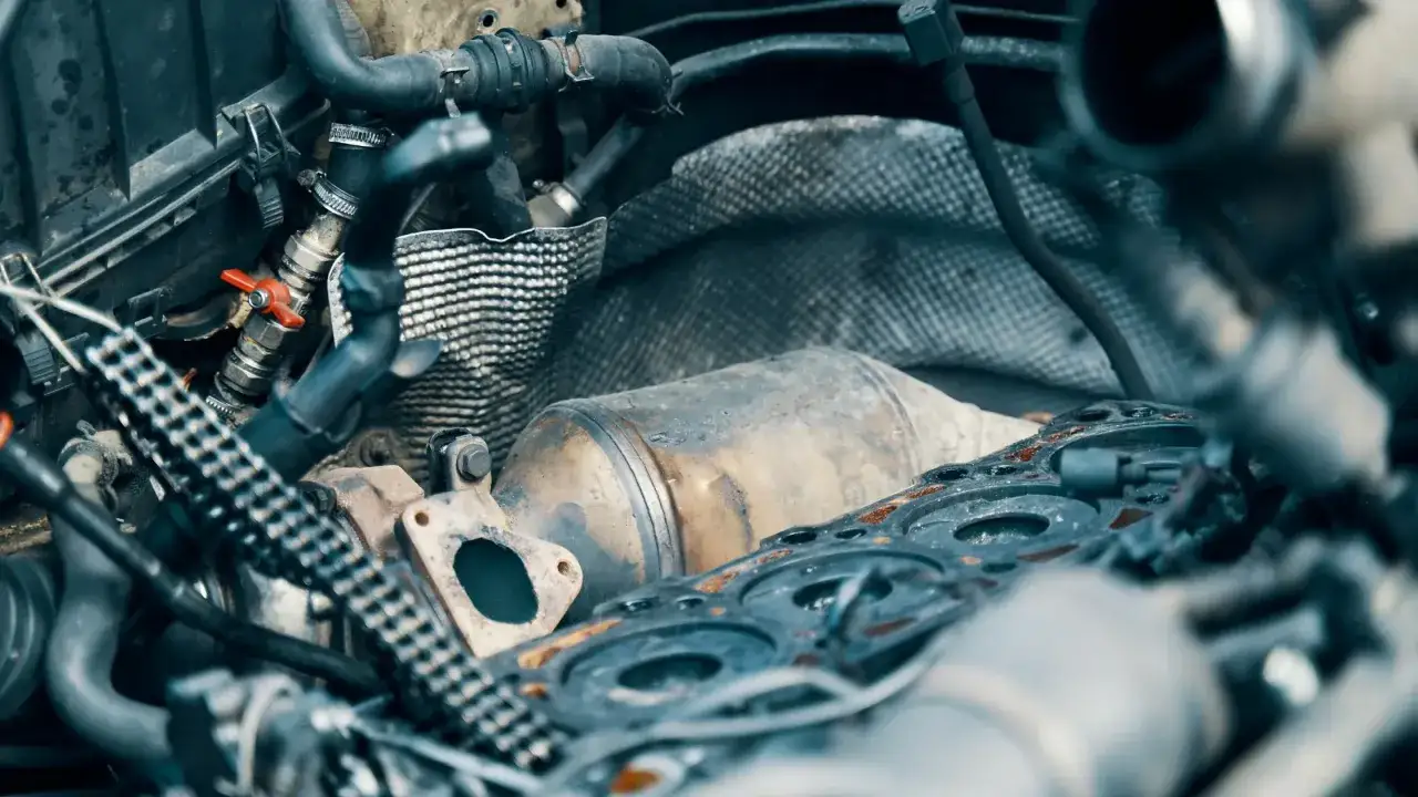 Motore auto smontato, con catalizzatore visibile. Probabile causa: fap intasato, auto non parte.