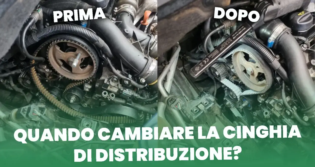 Motore auto con cinghia di distribuzione prima e dopo la sostituzione. La cinghia di distribuzione è fondamentale per il corretto funzionamento del motore.