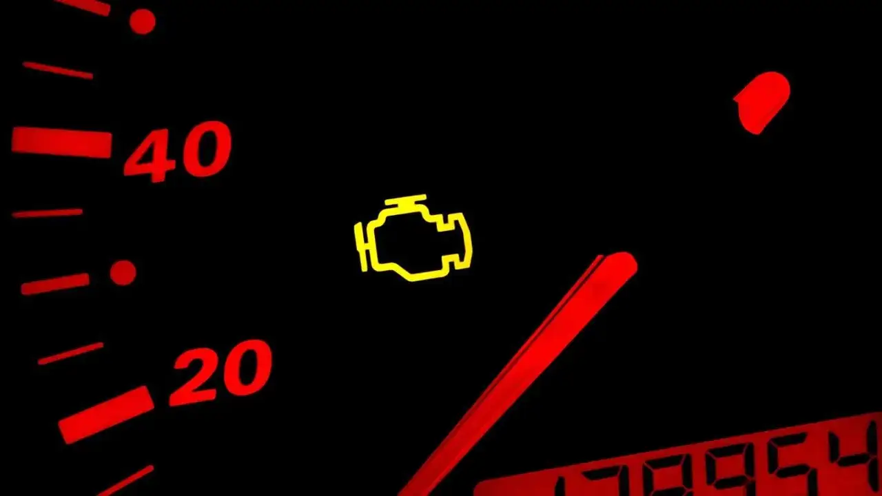 Cruscotto auto con spia del motore lampeggiante accesa. Il tachimetro mostra 40.