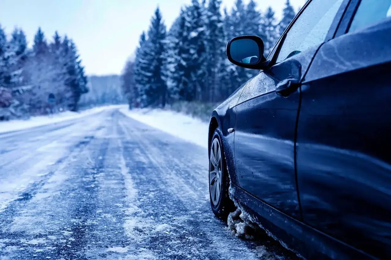 Auto su strada ghiacciata, un promemoria su come guidare sulla neve in sicurezza.