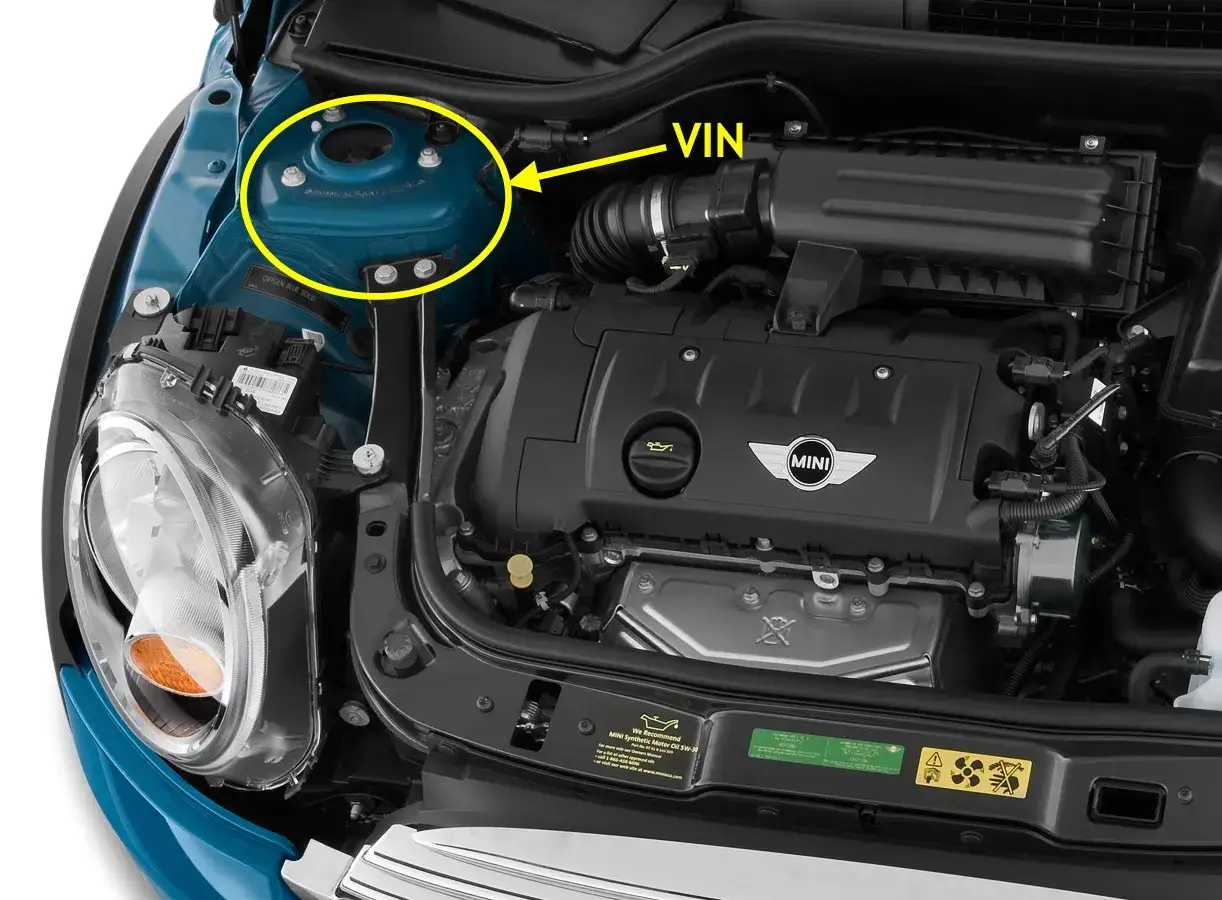 Il telaio della Mini Cooper, dove si trova il VIN, &egrave; evidenziato in blu.