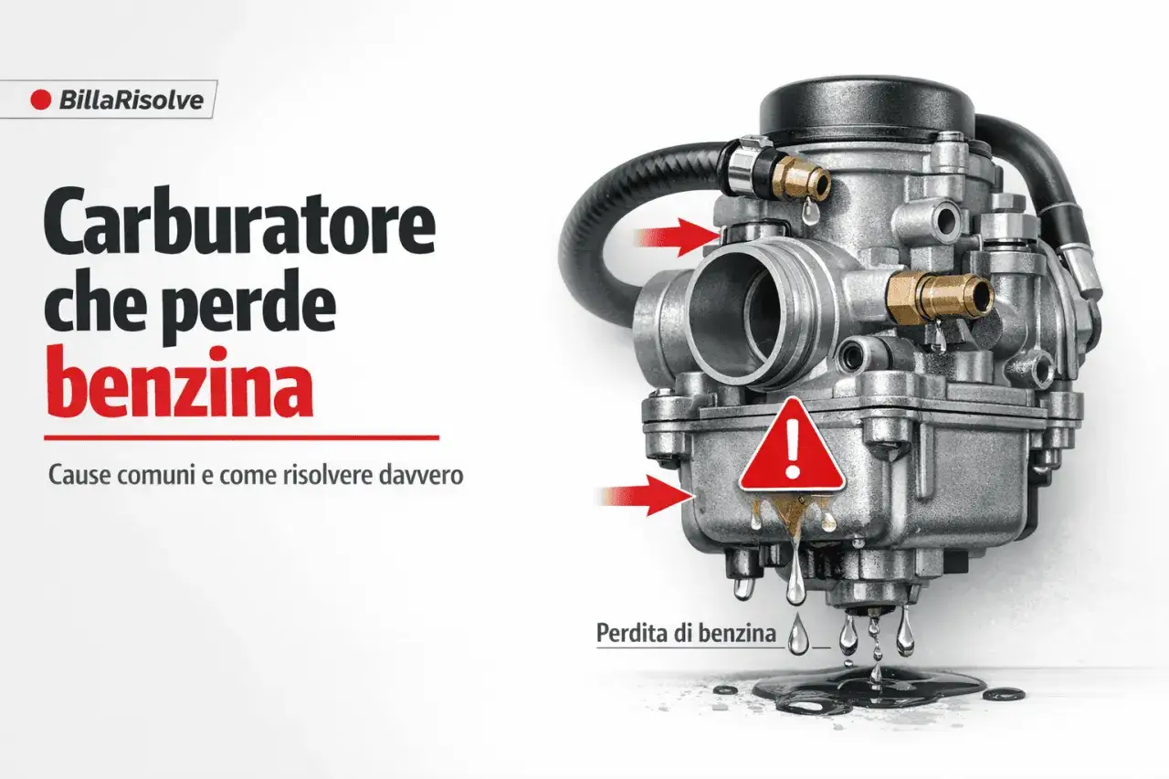 Carburatore che perde benzina, causa di perdita di potenza auto. Dettaglio di un carburatore con frecce rosse che indicano perdite di liquido.