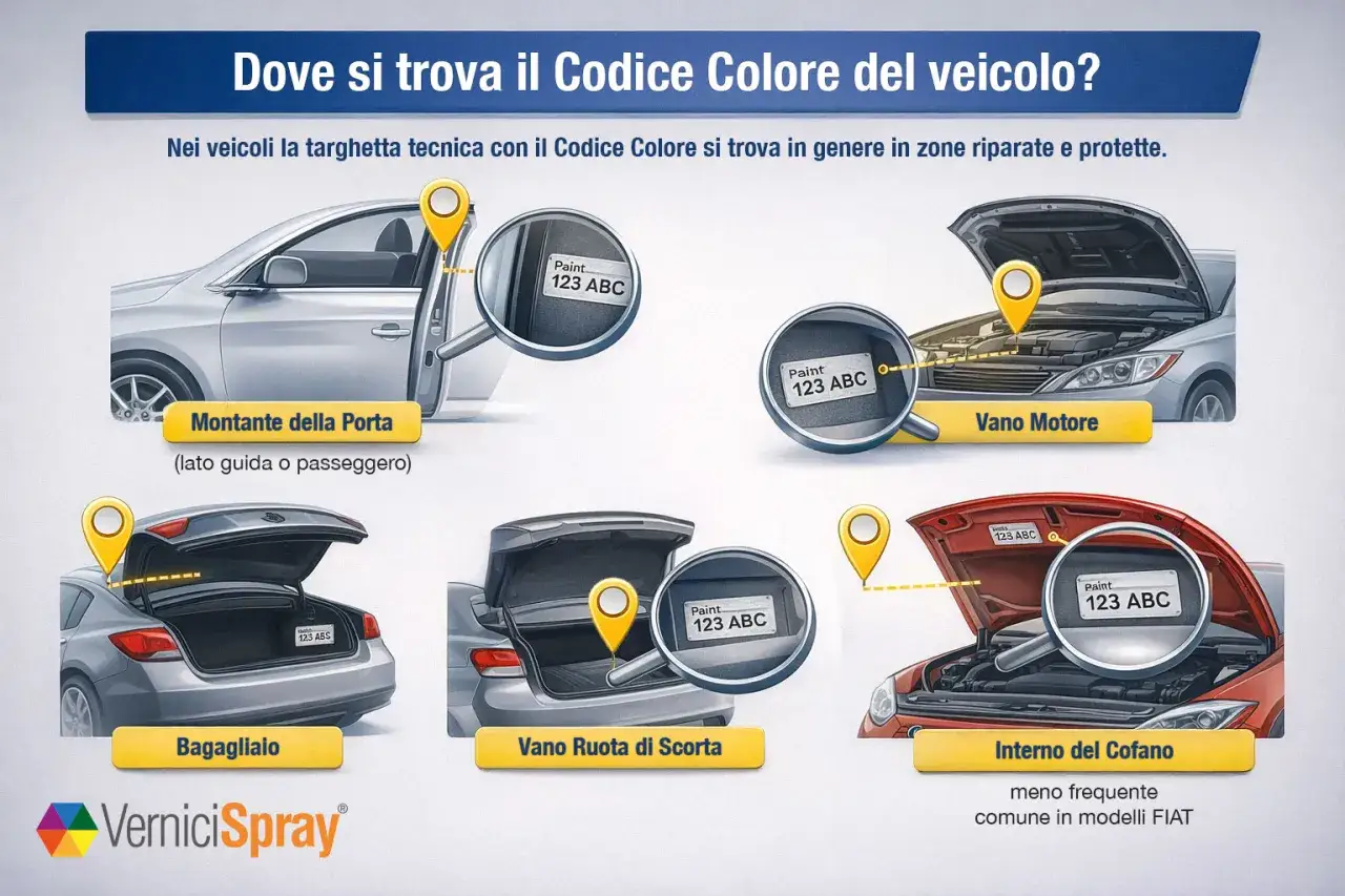 Trova il codice colore auto Volkswagen Polo: montante porta, vano motore, bagagliaio, ruota di scorta o interno cofano.
