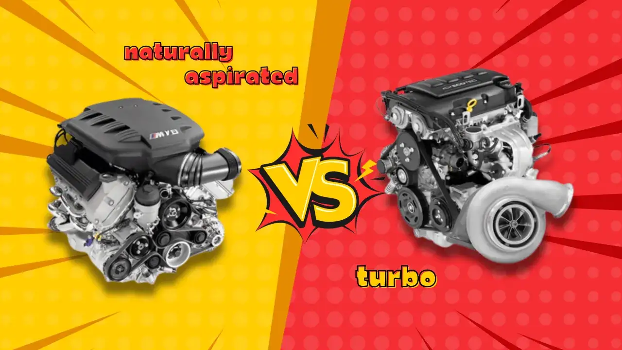 Confronto tra motore aspirato e turbo: un motore aspirato (a sinistra) contro un motore turbo (a destra), con la scritta 
