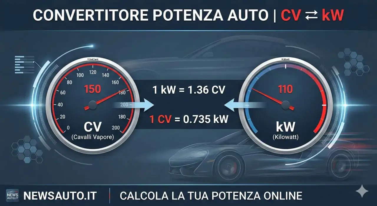 Due tachimetri mostrano la conversione tra cavalli e kW per le auto. Uno indica 150 CV, l'altro 110 kW.
