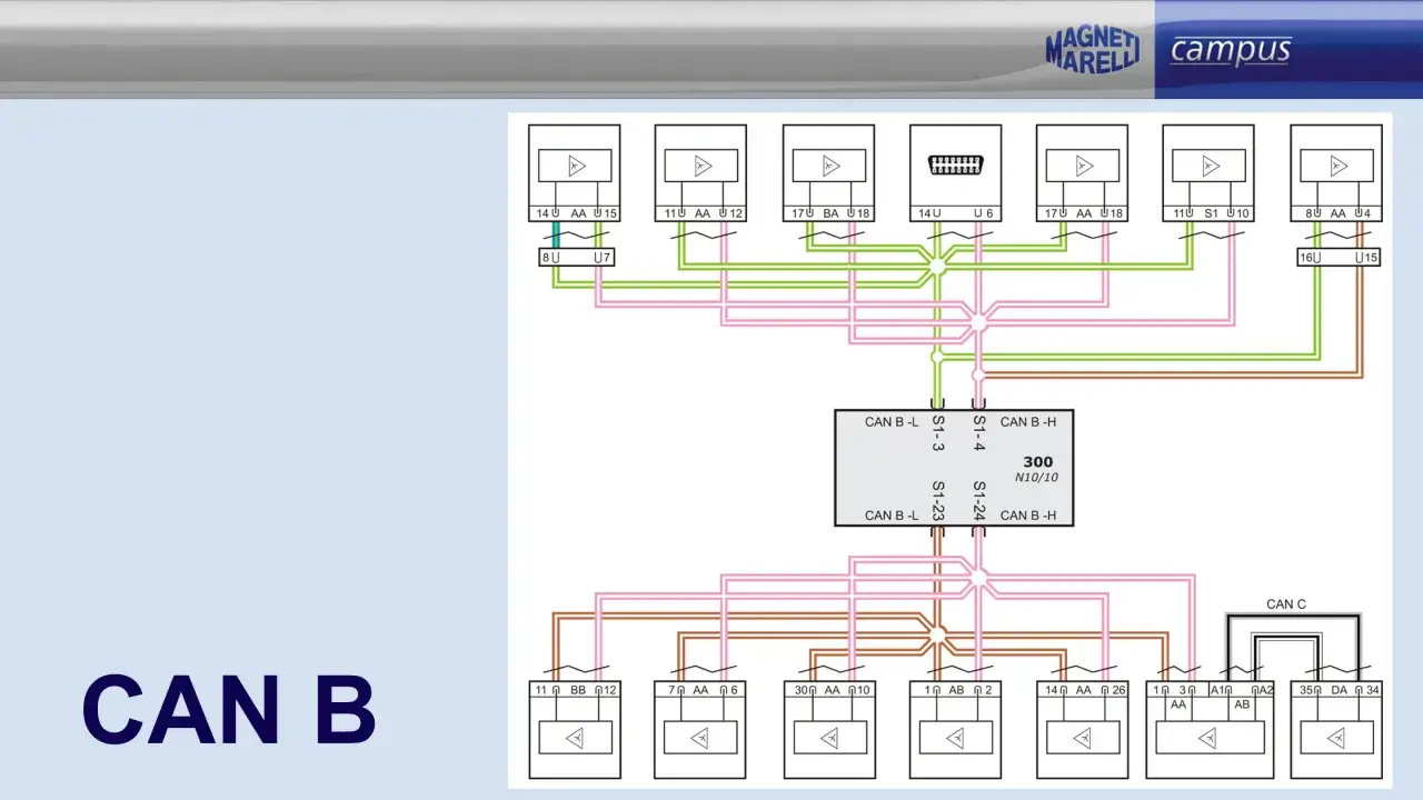 Schema elettrico che illustra la linea can bus con vari componenti collegati.