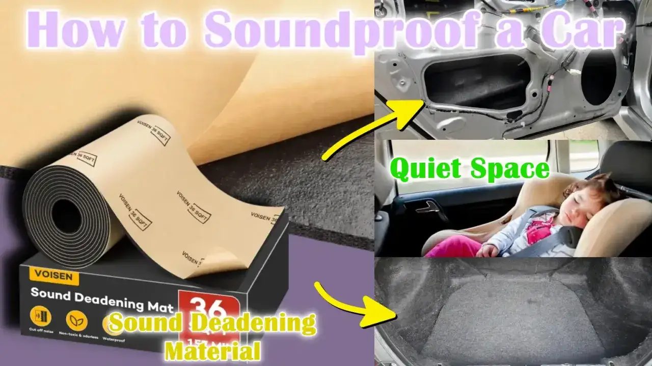 Materiali per insonorizzazione auto: rotolo di materiale fonoassorbente e pannelli interni di un'auto, per creare uno spazio silenzioso.